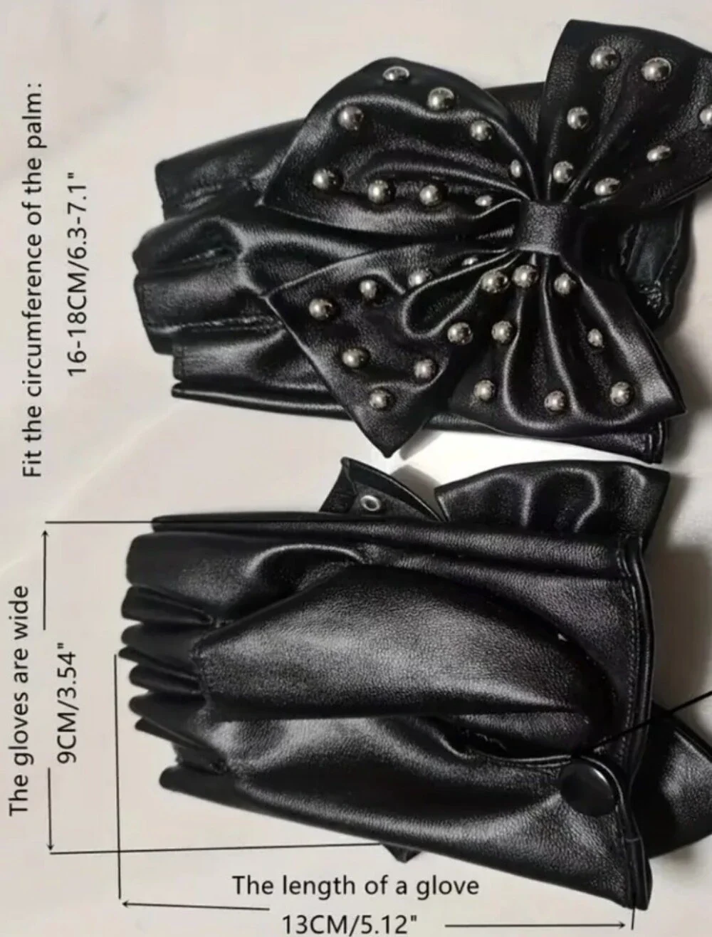 Red Studded Bow, Half-Finger, Snap-Button-Palm, Lined Faux Leather Gloves (OS)